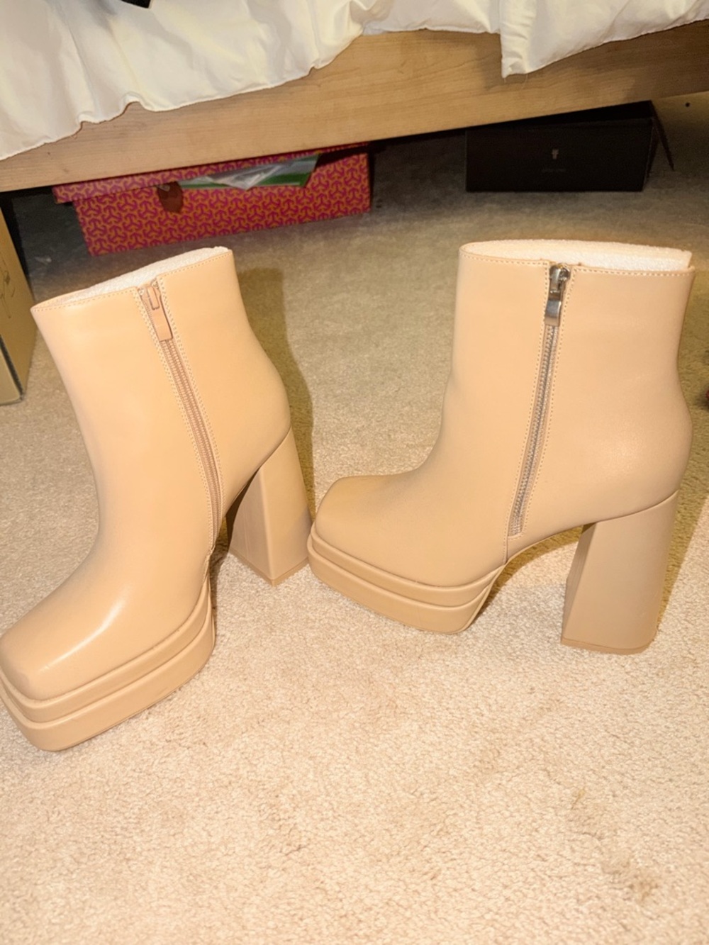 Neutral Beige Square-Toe Ankle Booties with Side Zip